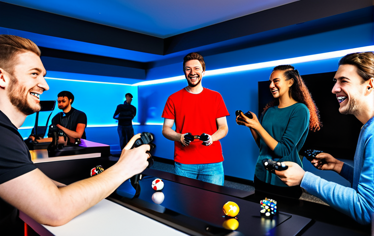 **
"A group of diverse, fully clothed young adults enthusiastically playing video games together in a brightly lit, modern gaming lounge. The scene emphasizes teamwork and friendly competition. Everyone is smiling and engaged. Appropriate attire, safe for work, family-friendly, perfect anatomy, natural proportions, high quality."
**